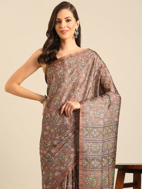 Women Brown Cotton Saree With Un Stitched Blouse